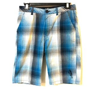 MICROS BLUE,NAVY, AND WHITE PLAID SHORTS